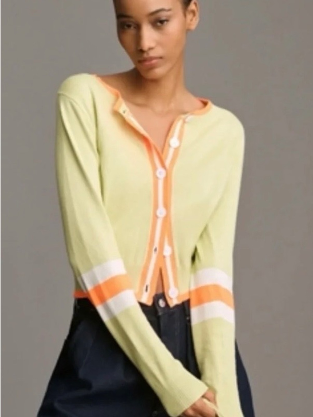 Light Lime Button-Front Women's Cardigan with Orange Trim